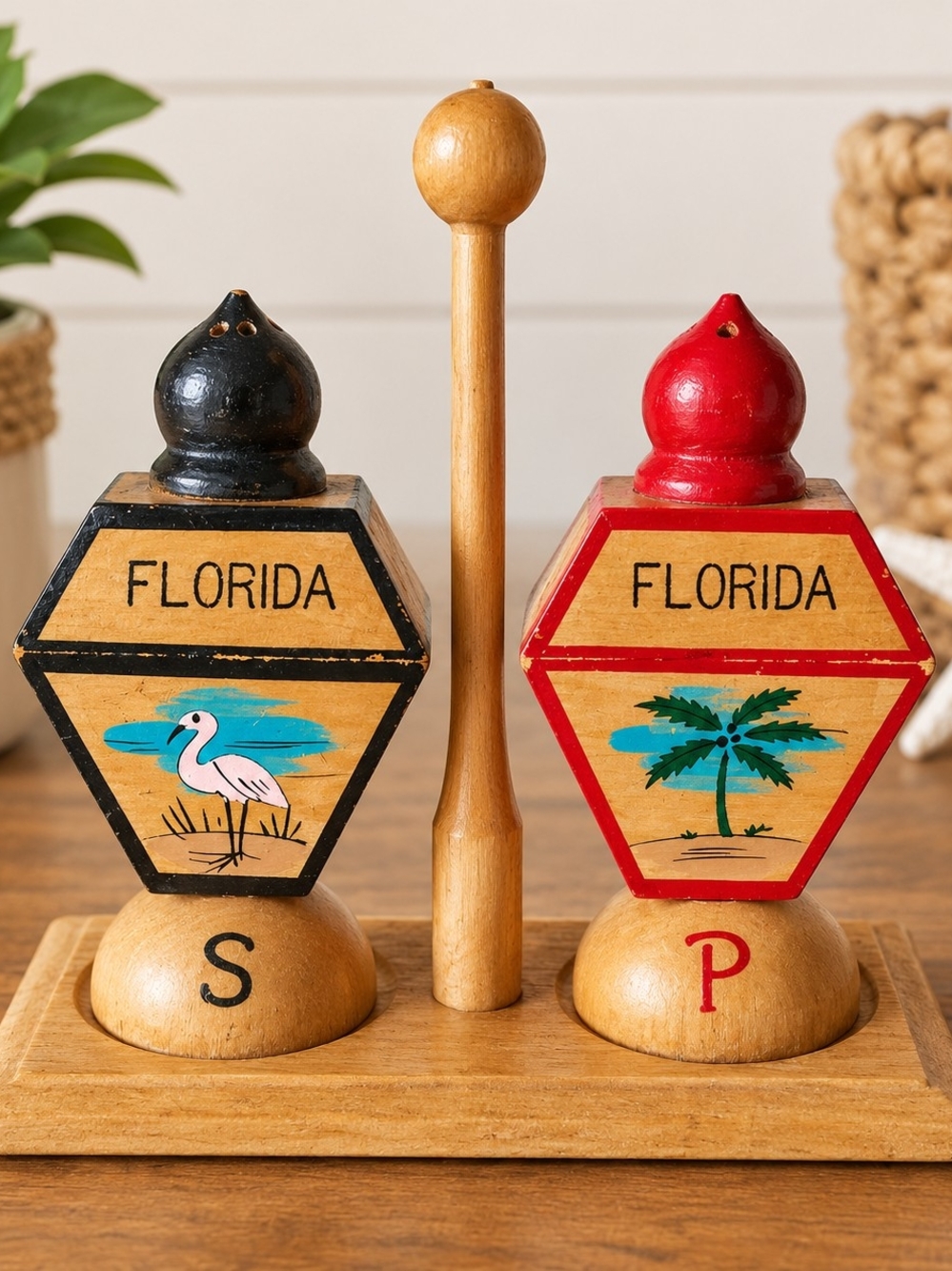Vintage 1960s Wooden Florida Souvenir Salt and Pepper Shaker Set